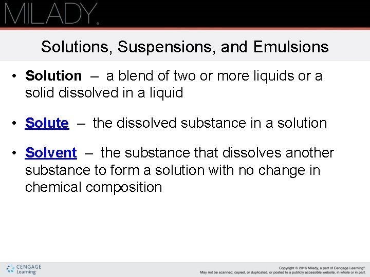 Solutions, Suspensions, and Emulsions • Solution – a blend of two or more liquids Solutions, Suspensions, and Emulsions • Solution – a blend of two or more liquids