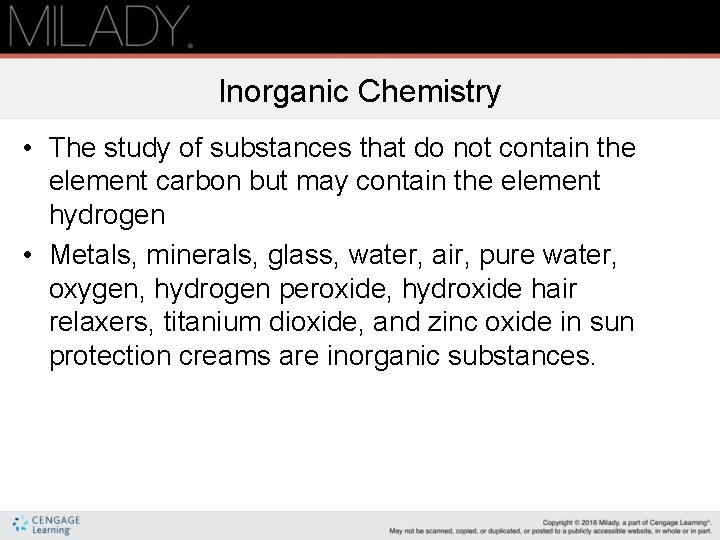 Inorganic Chemistry • The study of substances that do not contain the element carbon Inorganic Chemistry • The study of substances that do not contain the element carbon
