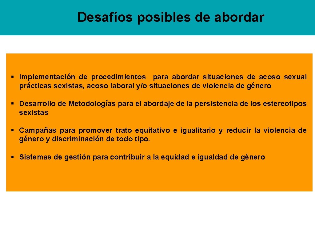 Desafíos posibles de abordar § Implementación de procedimientos para abordar situaciones de acoso sexual