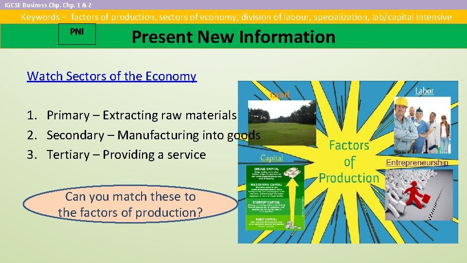 IGCSE Business Chp. 1 & 2 Keywords – factors of production, sectors of economy,
