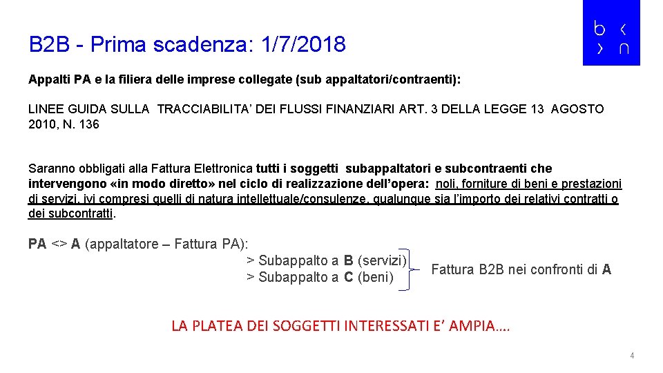 B 2 B - Prima scadenza: 1/7/2018 Appalti PA e la filiera delle imprese