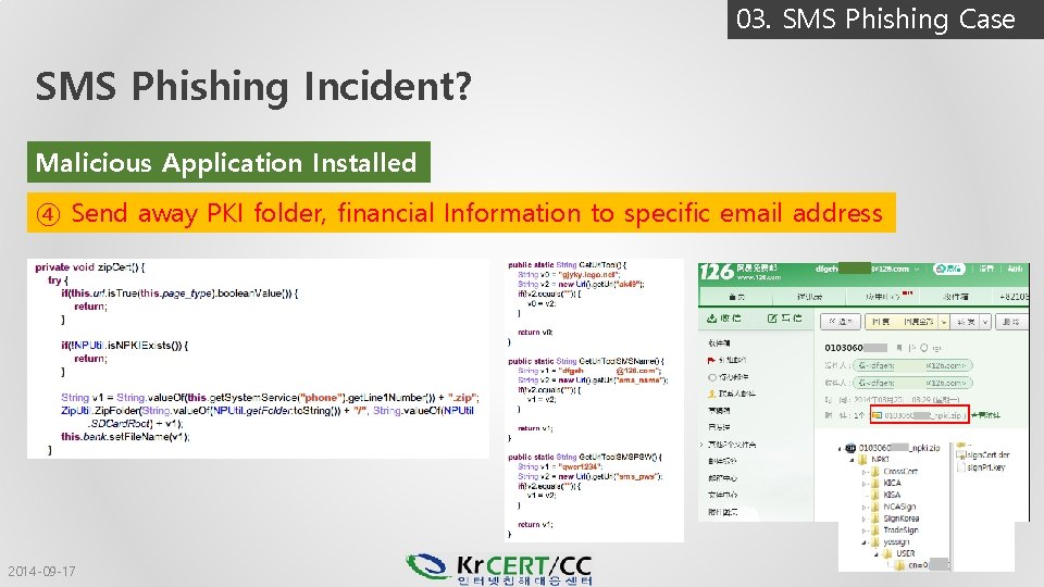 03. SMS Phishing Case SMS Phishing Incident? Malicious Application Installed ④ Send away PKI