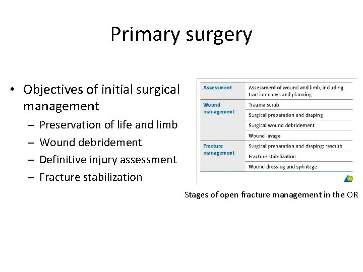 Primary surgery • Objectives of initial surgical management – – Preservation of life and