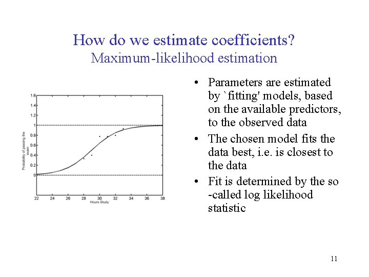 How do we estimate coefficients? Maximum-likelihood estimation • Parameters are estimated by `fitting' models,