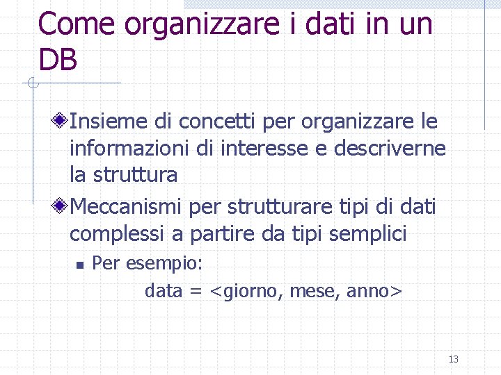 Come organizzare i dati in un DB Insieme di concetti per organizzare le informazioni