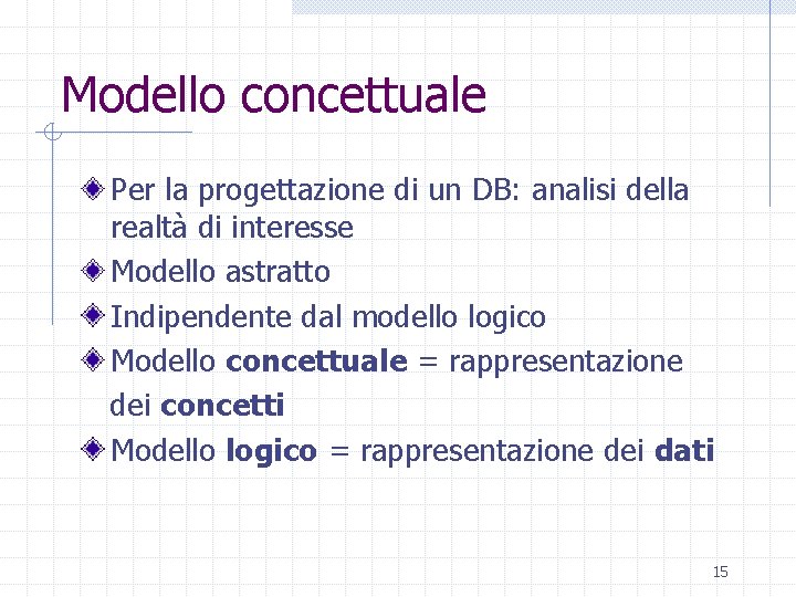 Modello concettuale Per la progettazione di un DB: analisi della realtà di interesse Modello