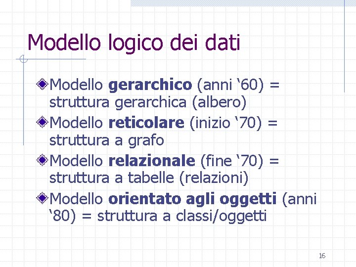 Modello logico dei dati Modello gerarchico (anni ‘ 60) = struttura gerarchica (albero) Modello