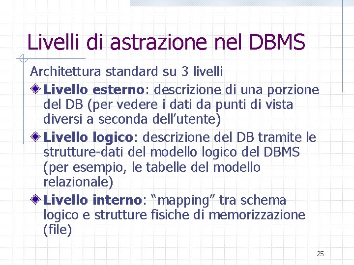 Livelli di astrazione nel DBMS Architettura standard su 3 livelli Livello esterno: descrizione di