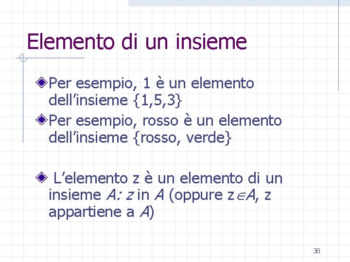 Elemento di un insieme Per esempio, 1 è un elemento dell’insieme {1, 5, 3}