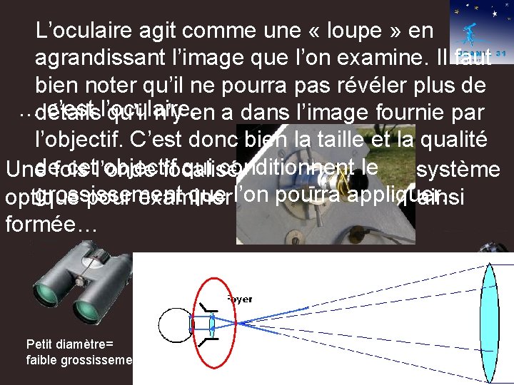 L’oculaire agit comme une « loupe » en agrandissant l’image que l’on examine. Il