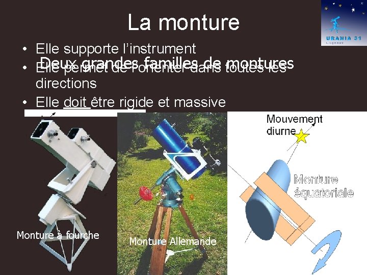 La monture • Elle supporte l’instrument Deux grandes familles de montures • Elle permet