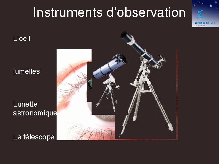 Instruments d’observation L’oeil jumelles Lunette astronomique Le télescope 