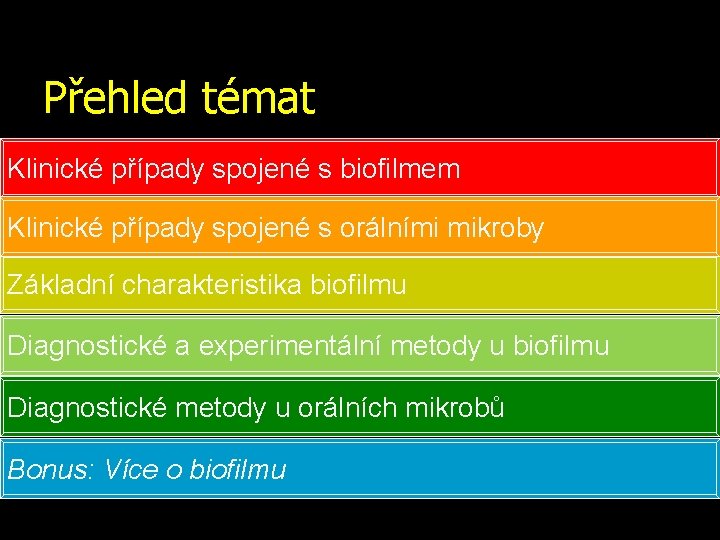 Přehled témat Klinické případy spojené s biofilmem Klinické případy spojené s orálními mikroby Základní