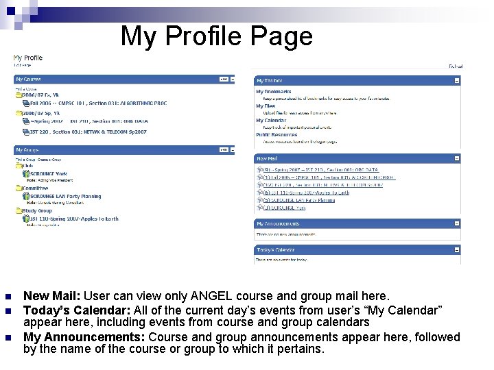 My Profile Page n n n New Mail: User can view only ANGEL course