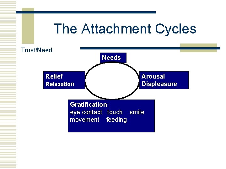 The Attachment Cycles Trust/Needs Relief Relaxation Arousal Displeasure Gratification: eye contact touch smile movement