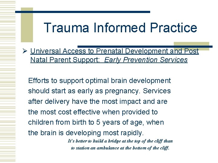 Trauma Informed Practice Ø Universal Access to Prenatal Development and Post Natal Parent Support: