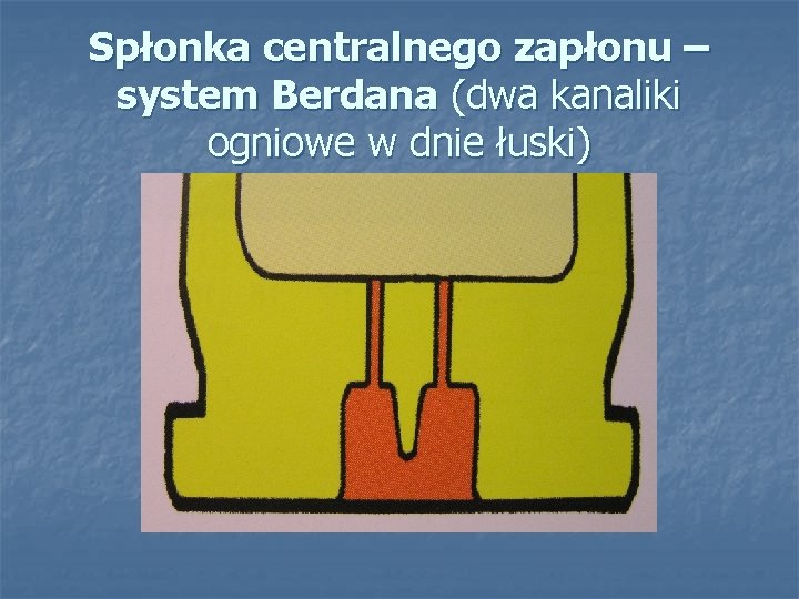 Spłonka centralnego zapłonu – system Berdana (dwa kanaliki ogniowe w dnie łuski) 