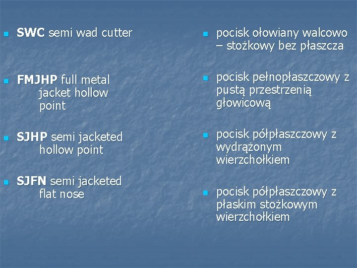 n n SWC semi wad cutter n FMJHP full metal jacket hollow point n