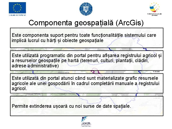 Componenta geospațială (Arc. Gis) Este componenta suport pentru toate funcționalitățile sistemului care implică lucrul Componenta geospațială (Arc. Gis) Este componenta suport pentru toate funcționalitățile sistemului care implică lucrul