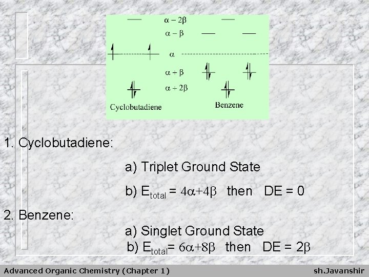 1. Cyclobutadiene: a) Triplet Ground State b) Etotal = 4 +4 then DE =