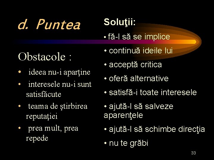 d. Puntea Obstacole : • ideea nu-i aparţine • interesele nu-i sunt satisfăcute •