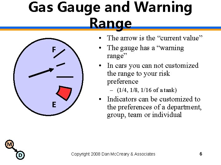 Gas Gauge and Warning Range F • The arrow is the “current value” •
