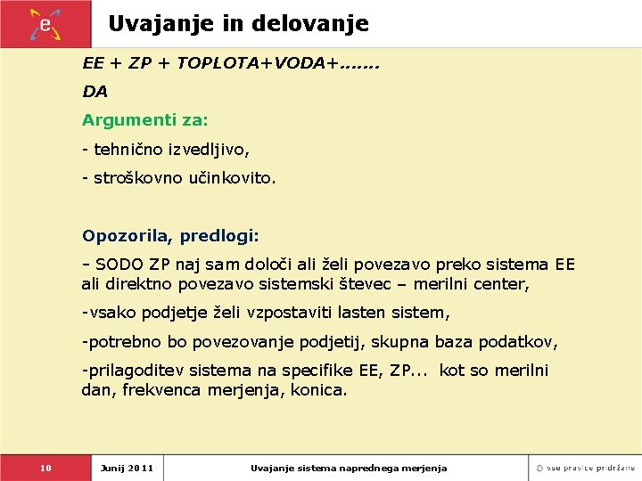 Uvajanje in delovanje EE + ZP + TOPLOTA+VODA+. . . . DA Argumenti za: