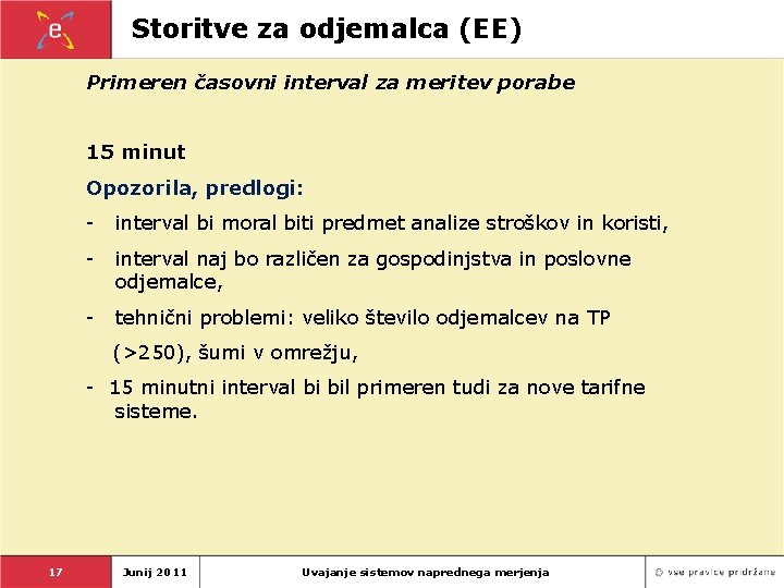 Storitve za odjemalca (EE) Primeren časovni interval za meritev porabe 15 minut Opozorila, predlogi: