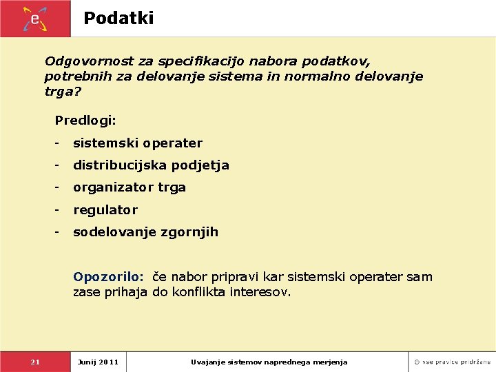 Podatki Odgovornost za specifikacijo nabora podatkov, potrebnih za delovanje sistema in normalno delovanje trga?