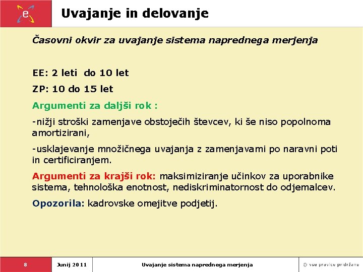 Uvajanje in delovanje Časovni okvir za uvajanje sistema naprednega merjenja EE: 2 leti do