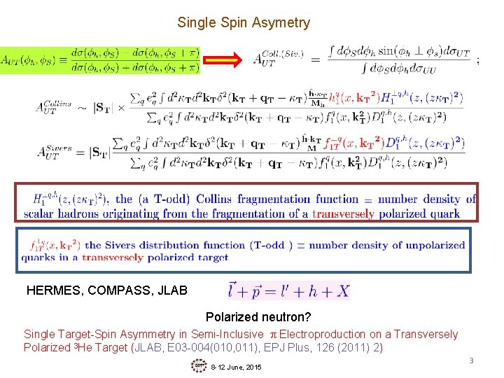 Single Spin Asymetry HERMES, COMPASS, JLAB Polarized neutron? Single Target-Spin Asymmetry in Semi-Inclusive p