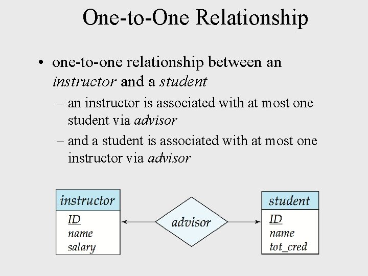 One-to-One Relationship • one-to-one relationship between an instructor and a student – an instructor One-to-One Relationship • one-to-one relationship between an instructor and a student – an instructor
