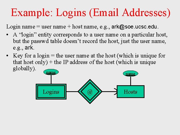 Example: Logins (Email Addresses) Login name = user name + host name, e. g. Example: Logins (Email Addresses) Login name = user name + host name, e. g.