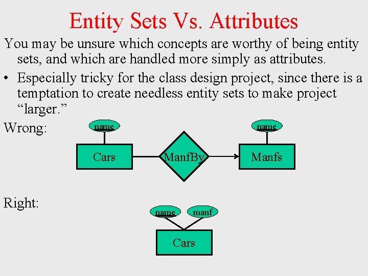 Entity Sets Vs. Attributes You may be unsure which concepts are worthy of being Entity Sets Vs. Attributes You may be unsure which concepts are worthy of being