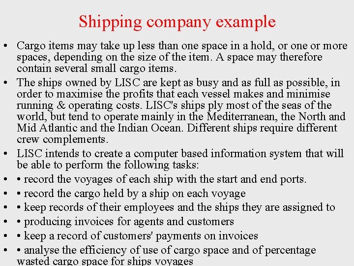 Shipping company example • Cargo items may take up less than one space in Shipping company example • Cargo items may take up less than one space in