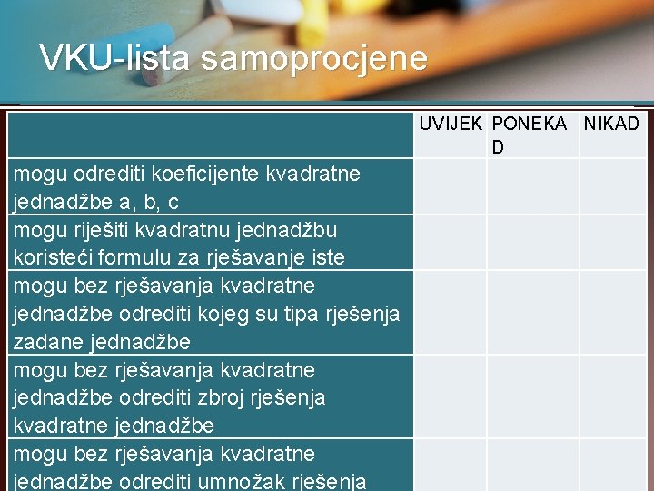 VKU-lista samoprocjene UVIJEK PONEKA NIKAD D mogu odrediti koeficijente kvadratne jednadžbe a, b, c