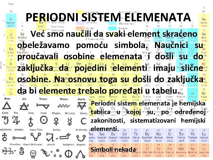 PERIODNI SISTEM ELEMENATA Već smo naučili da svaki element skraćeno obeležavamo pomoću simbola. Naučnici PERIODNI SISTEM ELEMENATA Već smo naučili da svaki element skraćeno obeležavamo pomoću simbola. Naučnici