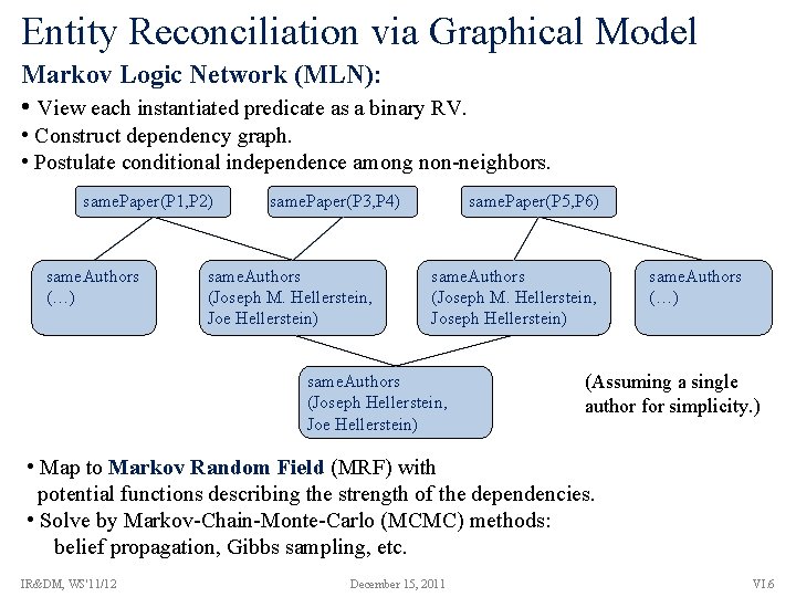 Entity Reconciliation via Graphical Model Markov Logic Network (MLN): • View each instantiated predicate