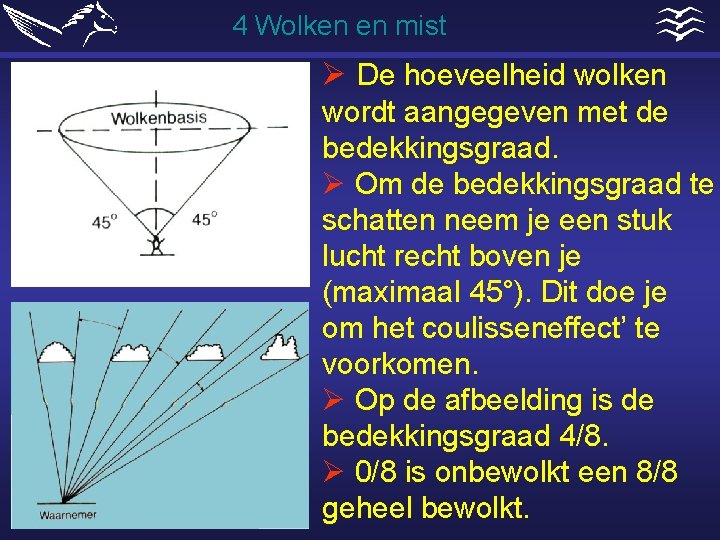 4 Wolken en mist Ø De hoeveelheid wolken wordt aangegeven met de bedekkingsgraad. Ø