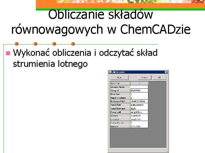 Obliczanie składów równowagowych w Chem. CADzie n Wykonać obliczenia i odczytać skład strumienia lotnego