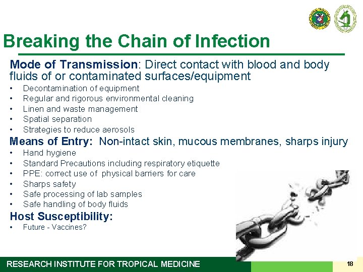 Breaking the Chain of Infection Mode of Transmission: Direct contact with blood and body