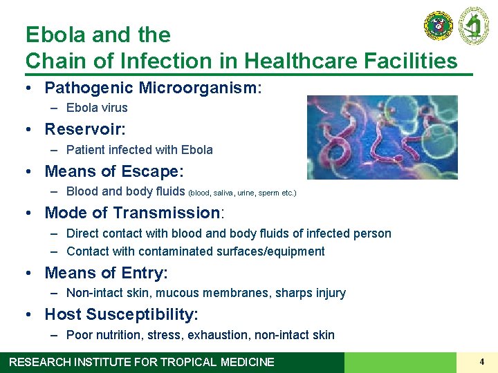 Ebola and the Chain of Infection in Healthcare Facilities • Pathogenic Microorganism: – Ebola