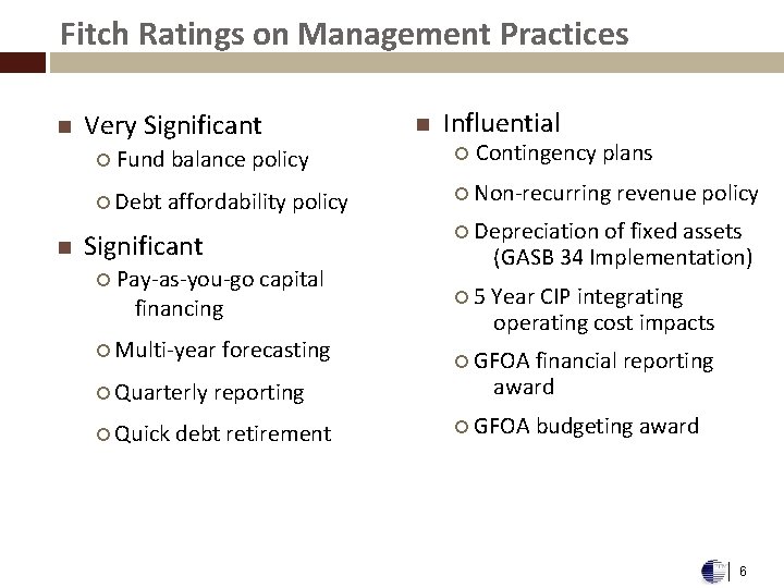 Fitch Ratings on Management Practices n Very Significant ¡ Fund balance policy ¡ Debt