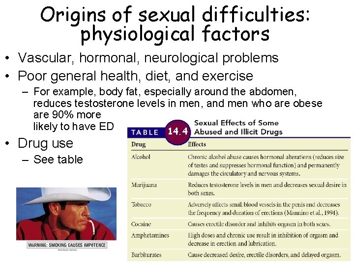 Origins of sexual difficulties: physiological factors • Vascular, hormonal, neurological problems • Poor general