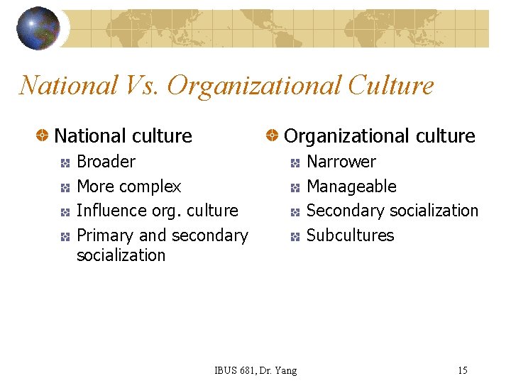 National Vs. Organizational Culture National culture Organizational culture Broader More complex Influence org. culture