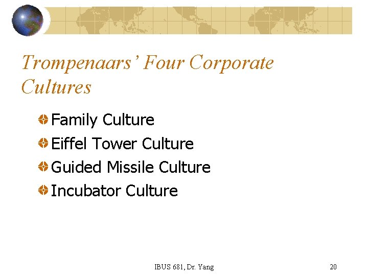 Trompenaars’ Four Corporate Cultures Family Culture Eiffel Tower Culture Guided Missile Culture Incubator Culture