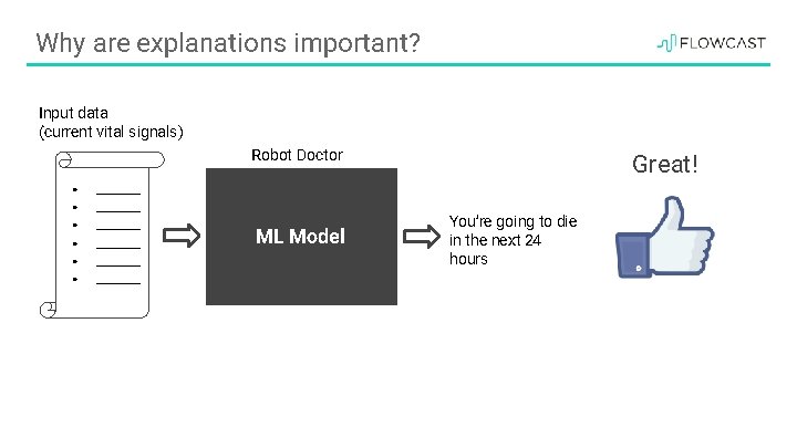 Why are explanations important? Input data (current vital signals) Robot Doctor ● ________ ●