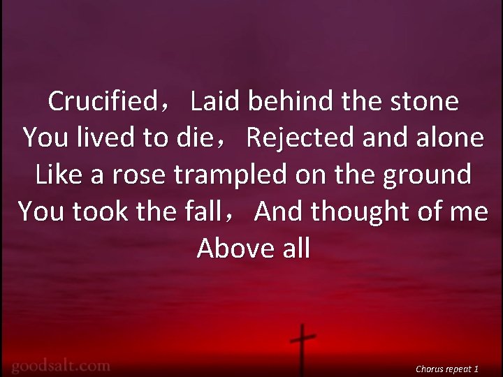 Crucified，Laid behind the stone You lived to die，Rejected and alone Like a rose trampled