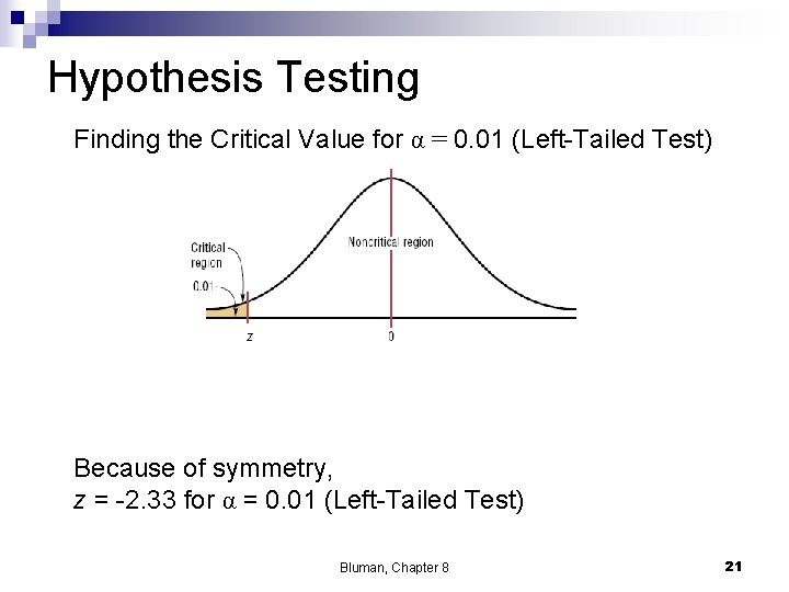 Hypothesis Testing Finding the Critical Value for α = 0. 01 (Left-Tailed Test) z Hypothesis Testing Finding the Critical Value for α = 0. 01 (Left-Tailed Test) z