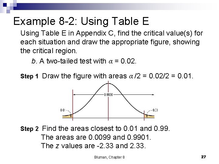 Example 8 -2: Using Table E in Appendix C, find the critical value(s) for